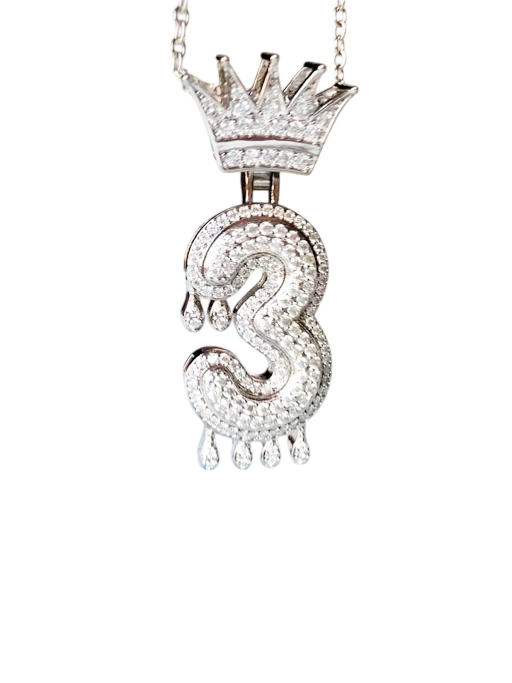 Pave MOISSONATE 2.05CT Lucky Number 3 with crown necklace